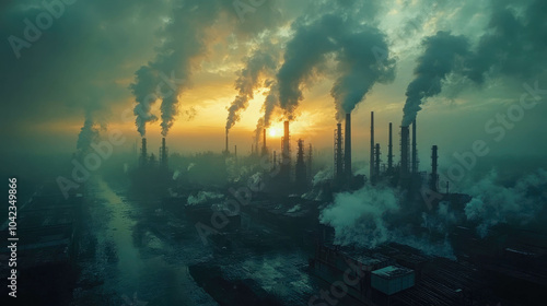 An industrial landscape with tall chimneys releasing thick plumes of smoke into the sky at sunset, reflecting environmental pollution concerns