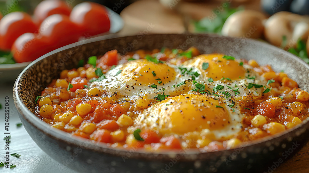 Savory shakshouka with sunny-side-up eggs, tomatoes, and chickpeas, seasoned with herbs, a flavorful Middle Eastern breakfast dish Savory shakshouka with sunny-side-up eggs, tomatoes, and chickpeas, seasoned with herbs, a flavorful Middle Eastern breakfast dish