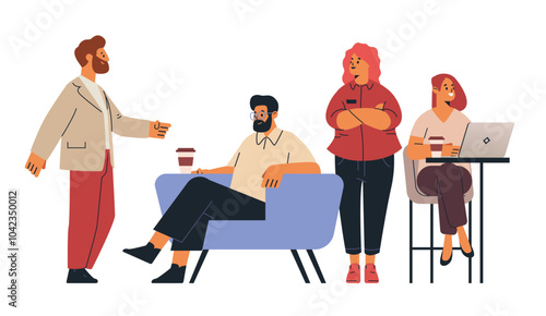 Business team collaboration casual office meeting four colleagues discussing ideas coffee laptop modern workspace