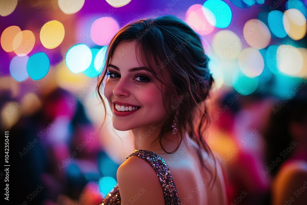 Portrait of a smiling young woman in a glamorous cocktail dress, amidst colorful decorations and soft, blurred partygoers, capturing the essence of celebration 6 Portrait of a smiling young woman in a glamorous cocktail dress, amidst colorful decorations and soft, blurred partygoers, capturing the essence of celebration 6