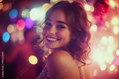 Portrait of a smiling young woman in a glamorous cocktail dress, amidst colorful decorations and soft, blurred partygoers, capturing the essence of celebration 4