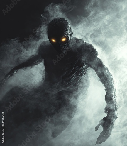 a dark specter in the dark with smoke and fog