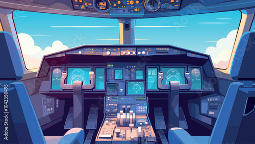 Cartoon airplane pilot cabin. Empty jet cockpit with seats dashboard and window, control panels navigation monitors vector illustration