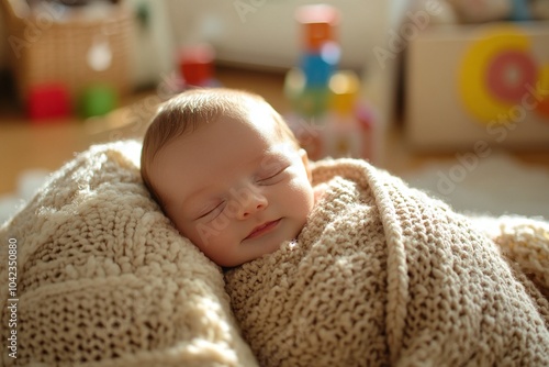 Newborn baby wrapped in a soft, knitted blanket, cradled in the arms of a parent sitting in a sunlit nursery with colorful alphabet blocks and toys in the background 1