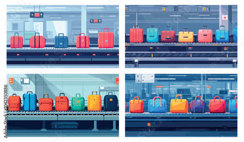Cartoon airport luggage conveyor belt set. Baggage claim at terminal with travel bags and suitcases, checkpoint roller band vector illustration