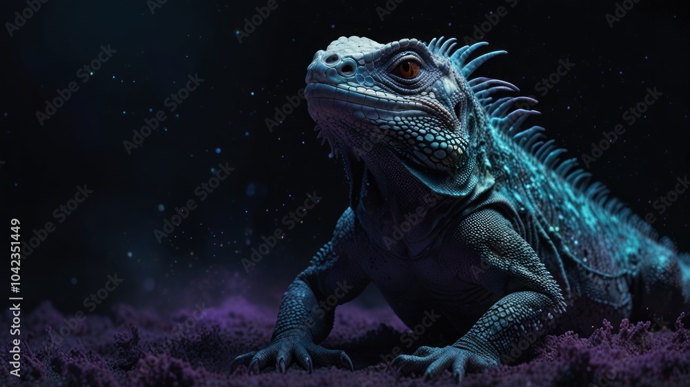 A close-up of a blue iguana with glowing eyes, looking up, set against a black background with purple light. A close-up of a blue iguana with glowing eyes, looking up, set against a black background with purple light.