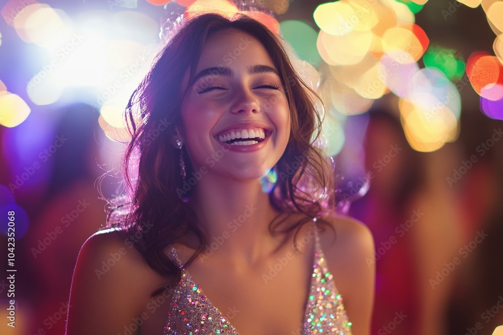 A young woman in a stunning party dress, laughing heartily amidst blurred revelers and colorful party decorations under soft, ambient lighting 2 A young woman in a stunning party dress, laughing heartily amidst blurred revelers and colorful party decorations under soft, ambient lighting 2