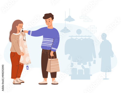 Happy shopping. Couple people buyers in store. Man and girl try on dress at sale. Nearby are clothes on hangers and female mannequin. Vector illustration. Holiday shopper character, purchase 