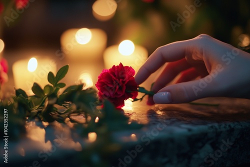 A person's hand tenderly holding a carnation, positioned in front of a coffin adorned with ivy leaves, under soft candlelit ambiance 1