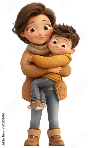 Mom holds her son in her arms 3D illustration on isolated transparent background PNG