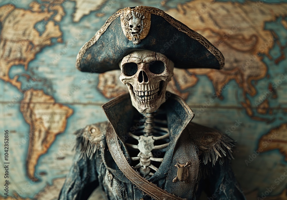 Fototapeta premium Pirate skull with pirate hat on world map background. Halloween concept