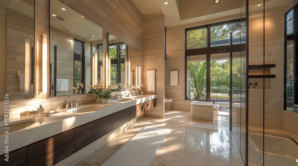 Modern Bathroom with Large Window and Double Vanity Modern Bathroom with Large Window and Double Vanity