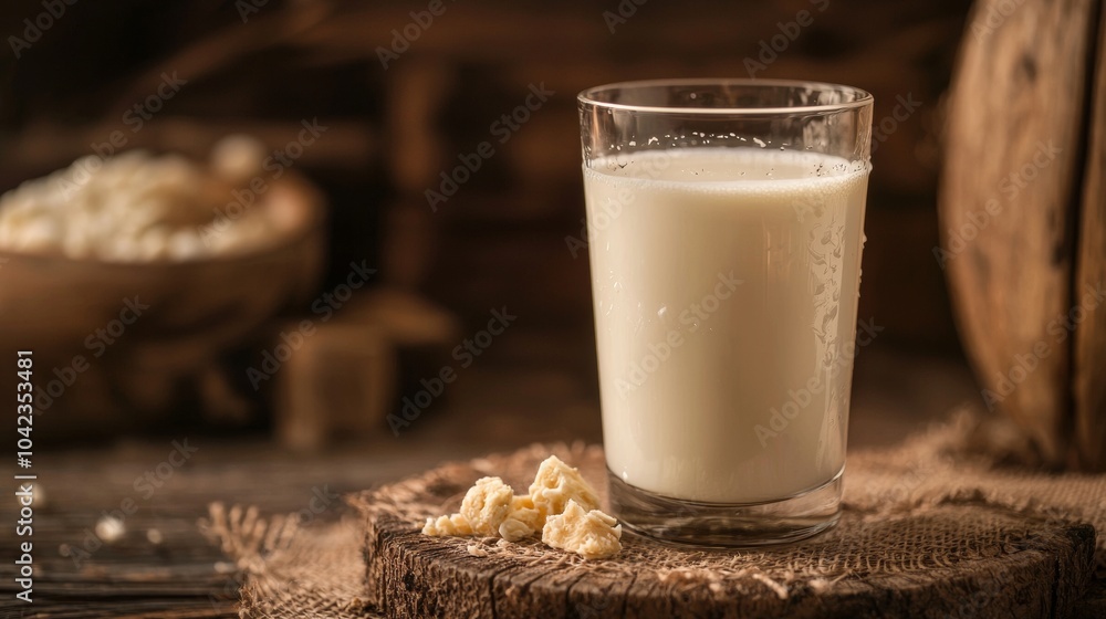 Glass of fresh milk on a rustic wooden surface Glass of fresh milk on a rustic wooden surface