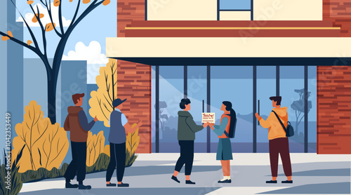 People standing in line for cinema tickets outdoor scene with modern building autumn trees and cityscape background flat colors