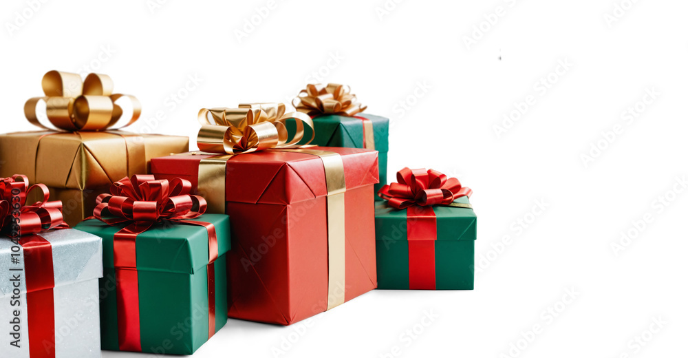 christmas presents in row, isolated christmas presents in row, isolated