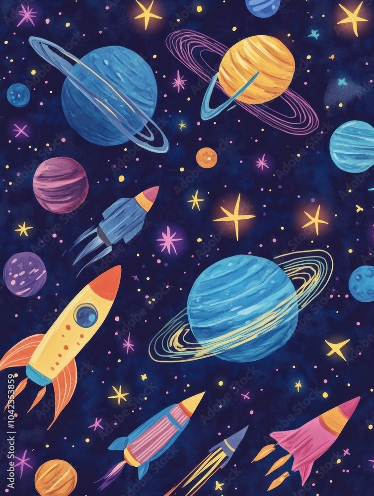Doodles of various planets, rockets, and stars vividly illustrate a cosmic theme against a deep, dark background. Generative AI Doodles of various planets, rockets, and stars vividly illustrate a cosmic theme against a deep, dark background. Generative AI