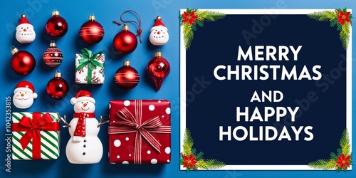 Merry Christmas and Happy Holidays greeting card, frame, or banner featuring Christmas ornaments