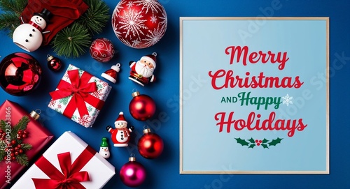 Merry Christmas and Happy Holidays greeting card, frame, or banner featuring Christmas ornaments
