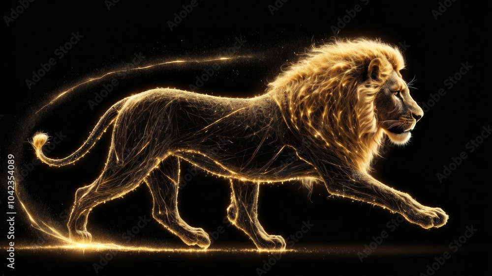 Glowing silhouette of a running tiger made of golden sparks on a black background