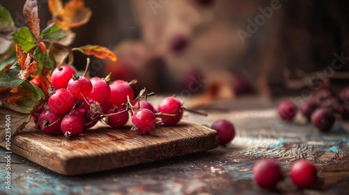 Red berries on a rustic cutting board photo