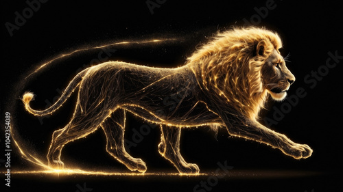 Glowing silhouette of a running tiger made of golden sparks on a black background
