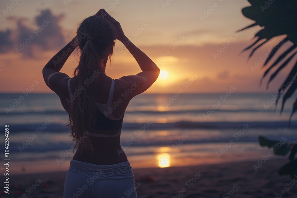 Fototapeta premium Young woman practicing yoga on a beach at sunrise, serene and focused 6