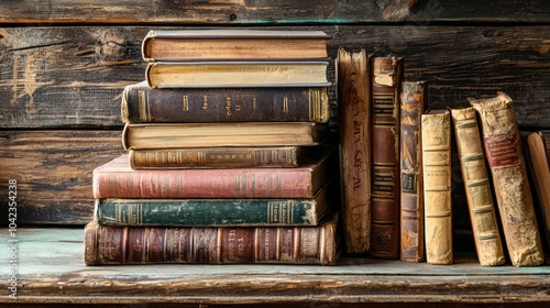 Stack of old books on wooden shelf photo