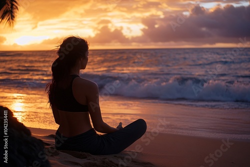 Woman meditating by the ocean at sunset 6