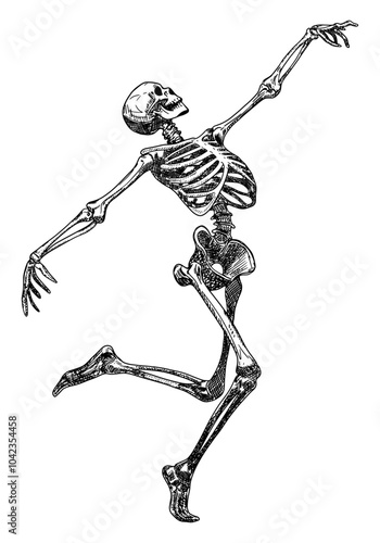 skeleton running isolated hand drawn sketch movement and grace dynamic dancing pose halloween card design element line art detailed vector illustration