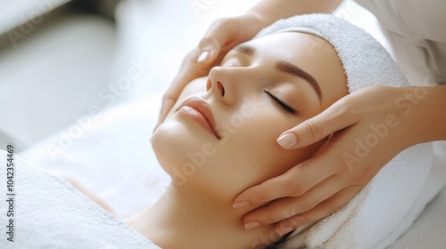 A woman receiving a facial massage at a spa, her eyes closed in relaxation.