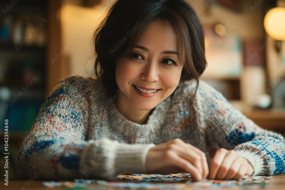 Fototapeta premium Portrait of a woman playing jigsaw puzzle, relaxed expression, cozy home, soft lighting, close-up view, top angle 1
