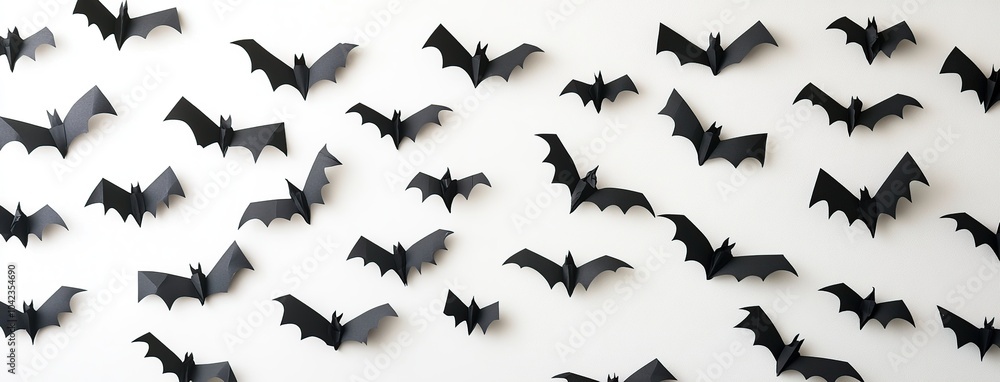 Fototapeta premium Halloween background. Black paper bats on white background. Halloween concept