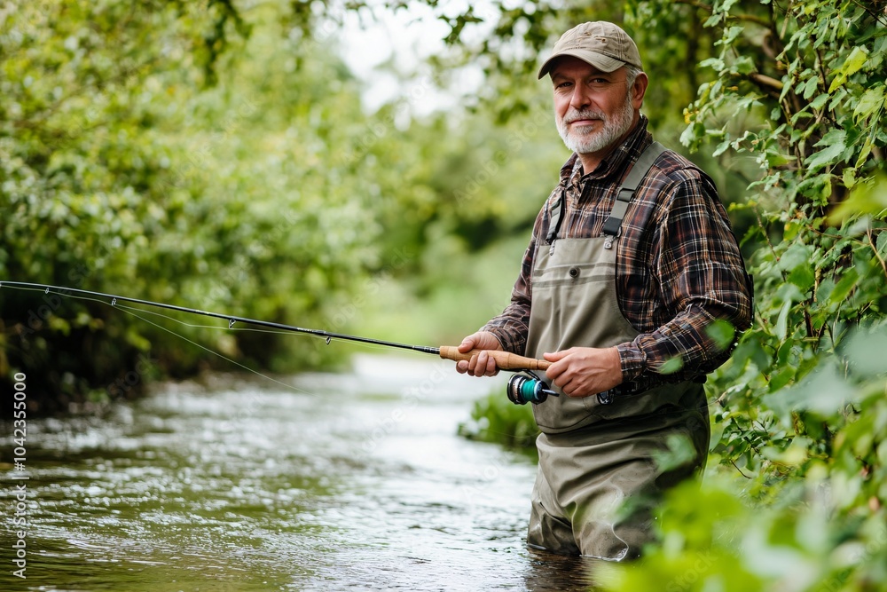 Middle-aged man with a fishing rod, wearing waders, fly fishing in a clear country stream 1 Middle-aged man with a fishing rod, wearing waders, fly fishing in a clear country stream 1
