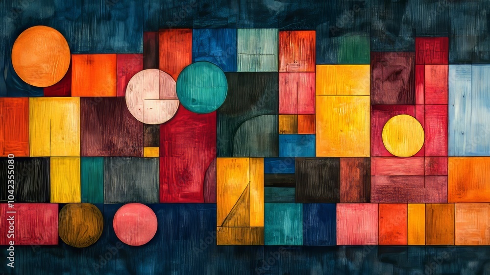 Fototapeta premium A composition of abstract geometric shapes, such as circles, triangles, and squares, drawn with crayon