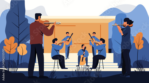Orchestra performance outdoor concert musicians playing instruments colorful scenery trees abstract background modern design