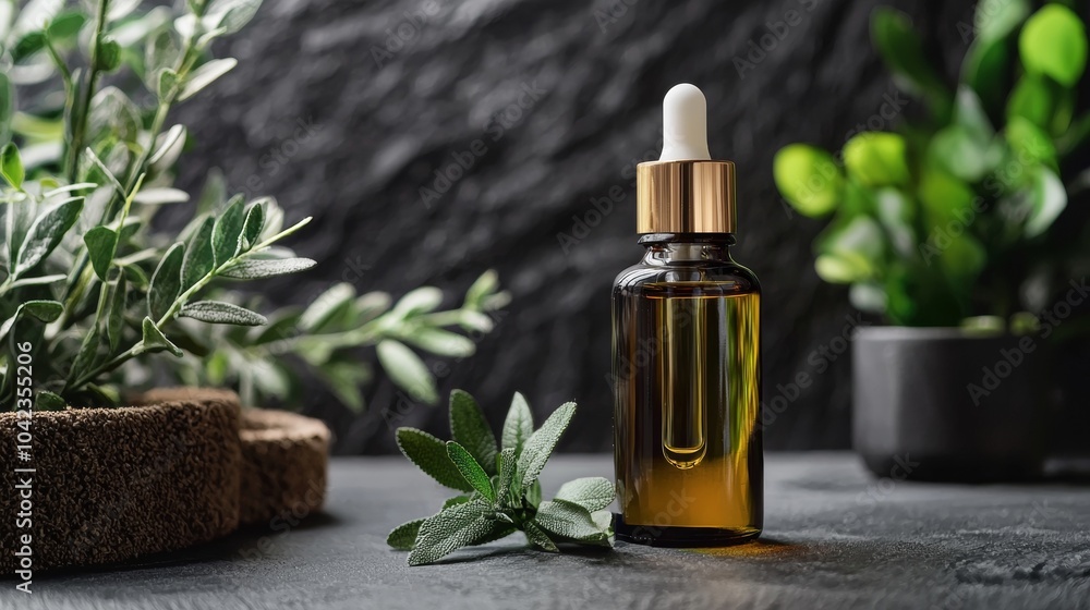 Dropper bottle with natural oils on dark background Dropper bottle with natural oils on dark background
