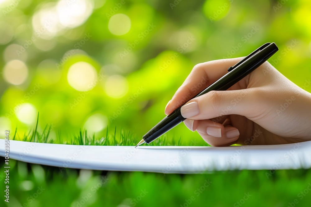 Hand signing a legal document with a black pen, on a green background ...
