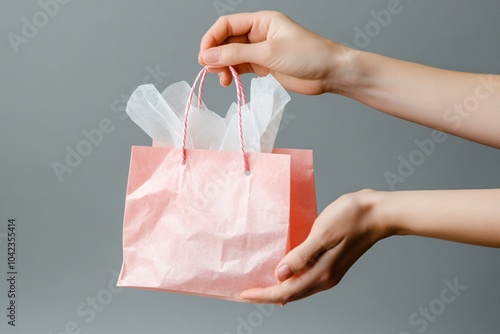 Hands holding a pink gift bag with a white tissue paper, on a grey background, natural light, side view 1 photo