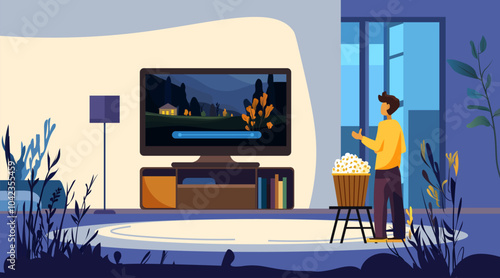 Man watching TV with popcorn home entertainment cozy living room interior modern design plants