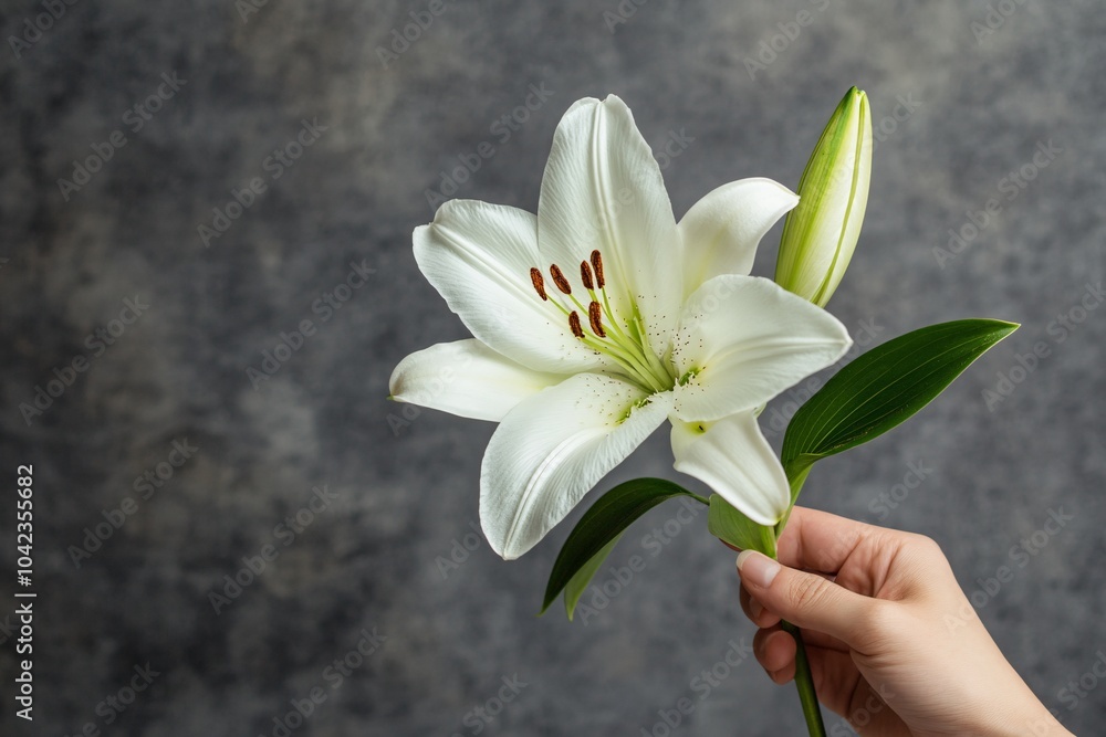 Fototapeta premium Hand holding a white lily, on a grey background, soft light, angled view 1