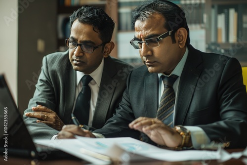 Two businessmen in suits reviewing documents at a desk