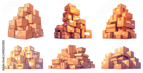 Cartoon cardboard boxes pile set. Warehouse delivery paper package parcels, shipping cargo box stack vector illustration