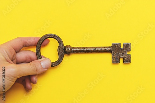 Hand holding a rustic iron key, on a yellow background, soft light, angled view 1 photo