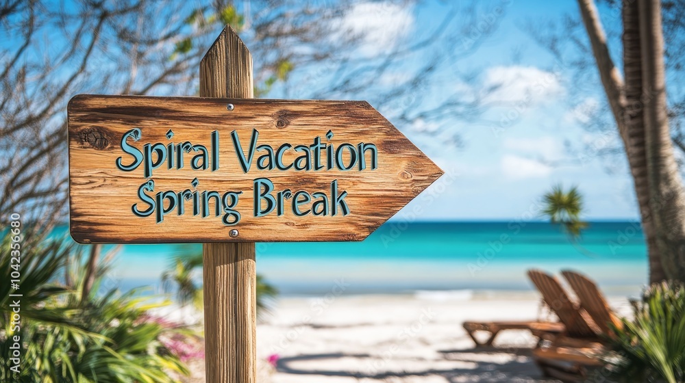 Fototapeta premium A wooden sign with the words 'Spiral Vacation Spring Break' pointing towards a beach with lounge chairs in the background.
