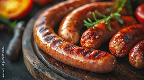 Grilled sausages on wooden board with herbs