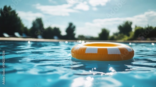 A yellow inflatable ring floating in a swimming pool on a sunny day.