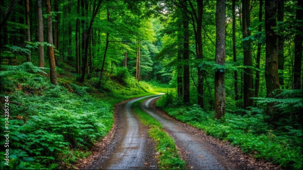 Fototapeta premium A dirt road winding through a lush green forest, surrounded by tall trees and vibrant foliage