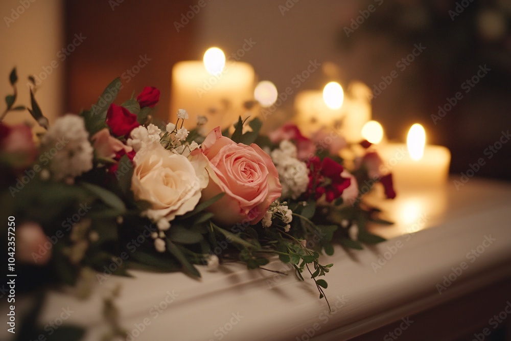 Obraz premium A handcrafted flower crown adorning a polished coffin, under soft candlelight that enhances the delicate petals against a serene atmosphere 2