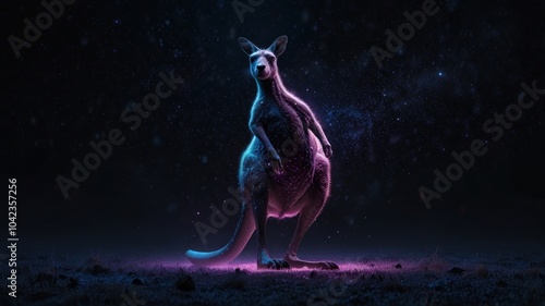 A lone kangaroo stands on a dark, barren ground, illuminated in neon pink and blue light, like a mystical creature against a starry sky. photo