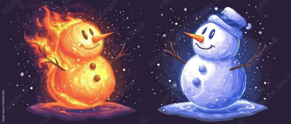 Fototapeta premium Fire and ice-themed snowmen stand against a dark background, embodying contrasting elements of warmth and cold in a playful, artistic illustration.